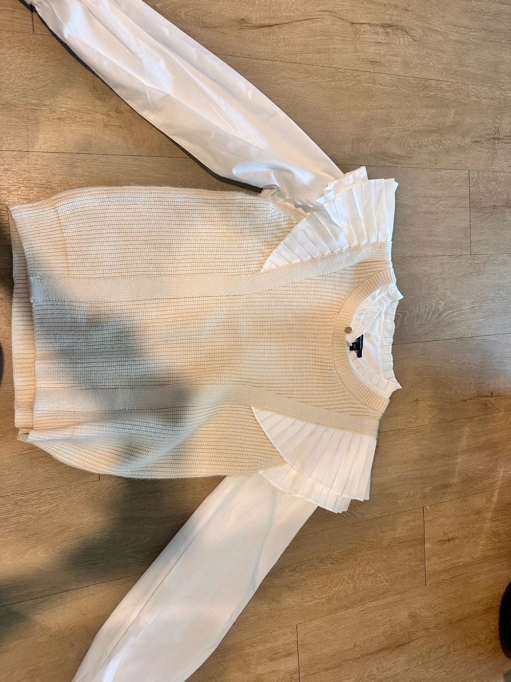 Karen Millen Cream Knit Sweater with White Pleated Shirt Detail